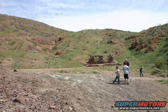 Desert landscape with hills, ruins, and people