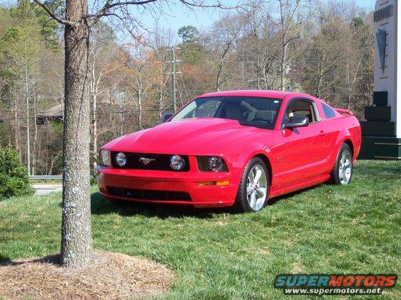 Red Ford Mustang parked on grass, 3/4 front view. Hood scoop visible