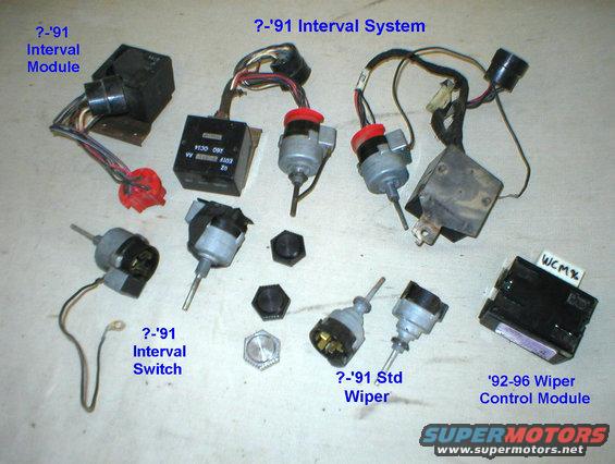 wipers.jpg Wiper switches & governors.

To convert a pre-'92 truck from standard to interval wipers, unplug the dash harness from the standard switch (E7TZ-17A553-B), remove the switch & discard it, connect the dash harness to the black side of the interval governor (E1UZ-17C476-A), connect the red side to the interval switch (E7TZ-17A553-A), and ground the switch's wire to the dash structure, cowl, or ground wire in the harness.  With the key in run, all wiper functions should work normally.  If so, install the switch, and place the governor in the dash out of the way.

[url=https://www.supermotors.net/registry/media/1102148][img]https://www.supermotors.net/getfile/1102148/thumbnail/wipewash8091.jpg[/img][/url]

To bypass a pre-'92 truck's interval wipers, unplug the dash harness from the interval governor and plug it into a standard switch.  With the key in run, all wiper functions should work normally.

For '92-96, see these captions:
[url=https://www.supermotors.net/registry/media/867609-4][img]https://www.supermotors.net/getfile/867586/thumbnail/02screws.jpg[/img][/url]

YC2Z-17C476-A WCM