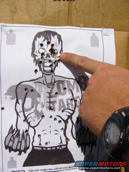 Zombie target with bullet holes, finger pointing to head