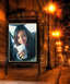 1970 Mercury Cougar - A young woman smiles while holding a coffee cup, displayed in a city information kiosk at night.