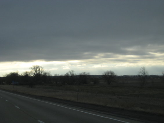 roadside landscape with overcast sky and bare trees