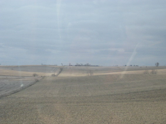 Open fields with rolling hills and scattered trees under a cloudy sky