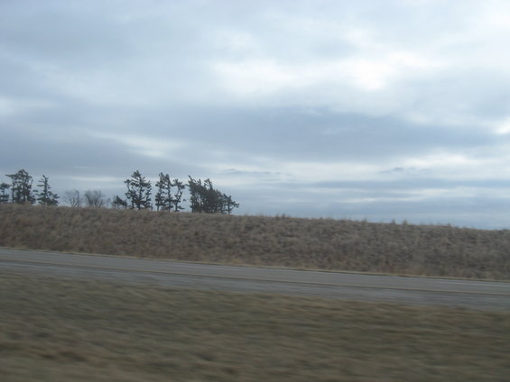 overcast sky above dry grass hill with trees and a road