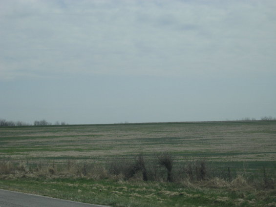 Vast agricultural field under a cloudy sky, with a strip of grass and a fence in the foreground