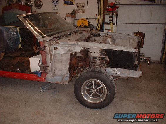 1970 Ford Torino body undergoing restoration, front section disassembled