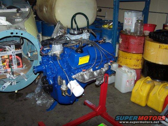 100_1523.jpg completed 393 Cleveland engine assembly, just out of the engine shop; I had it professionally built by Ron Walsh of Engine Machine, in Port Kells, BC.

{I'm glad I had an expert build it; I changed so many parts, the only thing stock was the block and the water pump! new heads, valves, valve springs, rockers, pushrods, cam, crank, rods, pistons, timing chain and oil pump all got replaced}