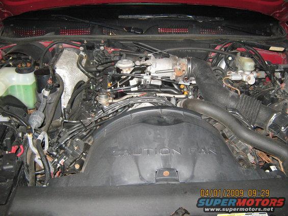 Red engine bay with visible "CAUTION FAN" text on a black shroud