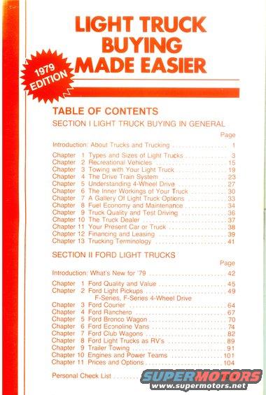 Book cover titled Light Truck Buying Made Easier, 1979 Edition, with table of contents