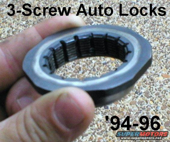 b37.jpg Wheel bearing adjusting nut (2.5-inch rounded hex) for 3-screw auto hub locks only.  This nut requires so little torque to install that it can usually be removed with a screwdriver by hand.  But the locking clip that slips into the inner grooves in the threads MUST be removed first.

This is the INBOARD surface of the nut, which faces the wheel bearing.

If a tool is needed, the correct one is a 2-1/2&quot; rounded hex socket like [url=https://www.amazon.com/dp/B000N37G5Q]PTW83244[/url], [url=https://www.amazon.com/dp/B000I1964M]Lisle 33160[/url], [url=https://www.amazon.com/dp/B0002STRP4]OTC 6795[/url], [url=https://www.amazon.com/dp/B0087CAWGA]KD 3455[/url], Mac WBS7795, Ford/Rotunda 205348, Lang 1244, OEM 25243, KTI 71924, or CTA 4180B.

See the NEXT pic...