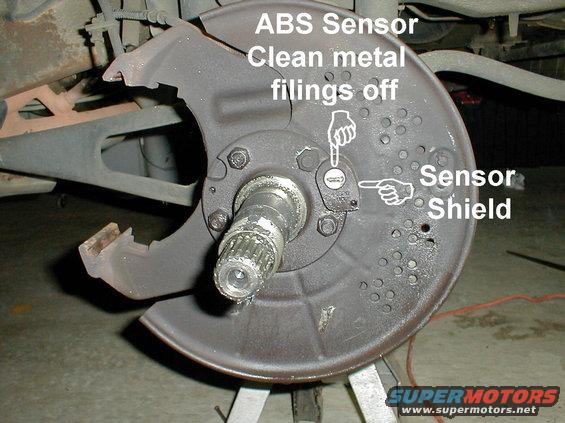 b5.jpg Front ABS Sensors [url=http://www.amazon.com/dp/B000C5FBWA/]Motorcraft BRAB30[/url] on '93-96 Broncos only.  Clean all metal filings off to improve signal quality.

To remove the spindle, remove the sensor bolt (6-point 8mm-5/16&quot;) and the shield bolt (12-point 6mm, but a 12-point 7/32&quot; can be hammered onto it) from inside the steering knuckle.  Once the spindle is off, drive the sensor inboard HAMMERING ONLY on the tube around the bolt.  Clean both sensor bores thoroughly with a steel bore brush, and clean the sensor & its bolt tube.  Apply anti-seize lube to both bores before reinstalling the sensor, and to the spindle bore of the steering knuckle.

Whether the spindle was removed or not; clean its sealing surfaces thoroughly.