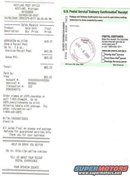 USPS postal receipt from Westland Post Office dated 04/06/2009 for Zone 4 Parcel Post and Oversize-Parcel Post