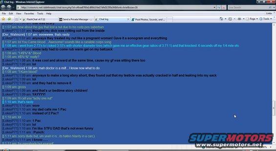 Computer screen showing a blue chat log with text and a Supermotors logo at the bottom right