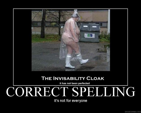 Person wearing a clear plastic bag as a cloak and white boots, standing in a wet, paved area with dumpsters in the background. Text overlay reads 'THE INVISABILITY CLOAK it has not been perfected CORRECT SPELLING It's not for everyone'