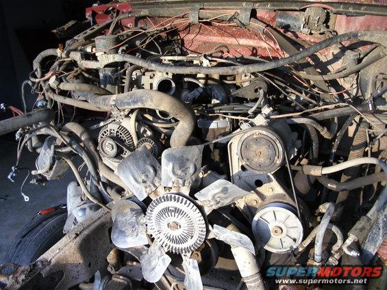 Engine bay with exposed wiring, hoses, and fan blades. Red paint visible on upper structure