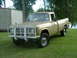 1975 International Scout II - This International pickup truck has a white grille guard and is parked on a grassy area near trees and water.