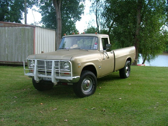 Gold 1975 International pickup truck with a white grille guard, parked on grass near a body of water