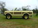 1975 International Scout II - A side view of a yellow 1975 International Scout II with wood grain paneling, parked outdoors on a cloudy day.