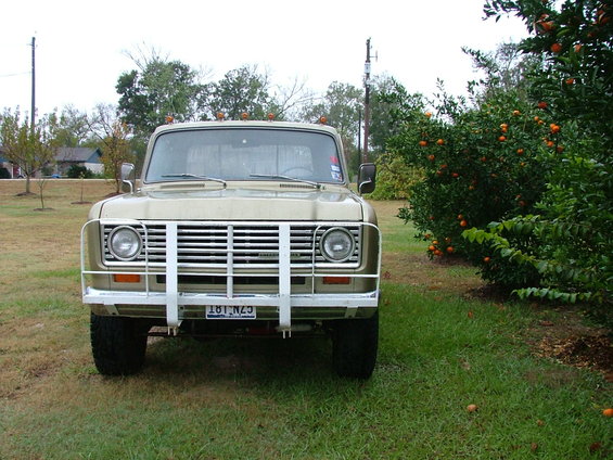 Front view of a tan 1975 International Scout II with a white brush guard parked on grass near an orange tree