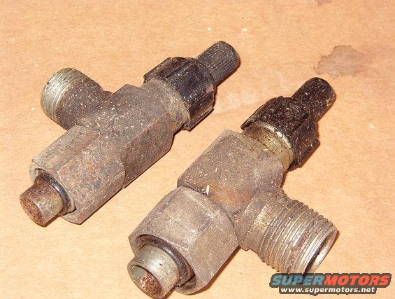 acvalves.jpg A/C Valves used on some '87-91 compressors.  They should always be open (UNscrewed).  To operate them, unscrew the black covers from the valve stems, and use a square-drive wrench to turn the stems.

Each valve's inlet is the same as its outlet, so if there's enough slack in the lines, the valves can be deleted.  Their only function is to keep refrigerant in the system while the compressor is being changed.  But if the compressor needs to be changed, the system needs to be evacuated, flushed, repaired, vacuumed, and professionally recharged.  So the valves are actually useless.