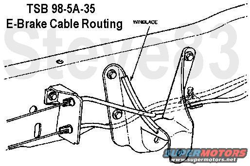 tsb985a35ebrakecable.jpg TSB 98-5A-35  Rear Parking Brake Cables Bind - Vehicles Built Before 8/20/96, except chassis cab
Publication Date: MARCH 18, 1998  

LIGHT TRUCK:  1992-97 F-250, F-350

ISSUE: The rear parking brake cables may bind and not allow the rear brake shoes to return fully to the anchor pins after the parking brake is applied. This may result in early brake wear, rear brake vibration/shudder, rear brake noise, drift/pull condition and/or poor fuel economy. This may be caused by a tight bend in the parking brake cable at the left side rear spring bracket.

ACTION: Reroute the parking brake cable and install a windlace on the left rear spring bracket to prevent chafing. This should reduce the possibility of the parking brake cable binding. Refer to the following Service Procedure for details.

SERVICE PROCEDURE
1. Relieve the tension on the system by having an assistant pull directly rearward on the intermediate or front parking brake cable and conduit. Using care not to damage the coating on the parking brake cable strand, insert a 4mm drill bit or equivalent into the hole provided in the parking brake control. 
2. Raise the vehicle and remove the rear wheels and brake drums. 
3. Disconnect the rear brake cables and conduit from the parking brake cable equalizer. 
4. Compress the prongs which retain the parking brake cables and conduit shield to the parking brake cable bracket using a 1/2&quot; 12-point box end wrench. 
5. With the spring tension released, lift the parking brake cable and conduit out of the slot in the parking brake lever on both sides. 
6. Slide the cable in and out to make sure it moves freely on each side. If any sticking and/or binding is evident, replace the parking brake cables. If there is no sticking and/or binding, proceed to Step 7. 
7. Reroute the driver side cable in the following manner: 
a. It should be routed through the outside left of the butterfly clip, up through the spring hanger between the bracket and frame and to the top hole of the parking brake equalizer bracket.
b. Insert the rear portion of the parking brake cable and conduit through the slot in the parking brake lever at the left rear wheel. 
c. Insert the front end of the parking brake cable and conduit through the top hole of the parking brake equalizer bracket until the prongs expand. 
8. Reroute the passenger side cable in the following manner: 
a. It should be routed through the inside right of the butterfly clip, under the spring hanger bracket and into the bottom hole of the parking brake equalizer bracket ( Figure 1 ). 
b. Insert the rear portion of the parking brake cable and conduit through the slot in the parking brake lever at the right rear wheel. 
c. Insert the front end of the parking brake cable and conduit through the bottom hole of the parking brake equalizer bracket until the prongs expand. 
9. Install a piece of Windlace (E8TZ-1353-A) to the top front edge of the spring hanger bracket where the left rear parking brake cable crosses over it. 
NOTE:  WINDLACE MUST BE INSTALLED ON THE SPRING HANGER BRACKET, OTHERWISE CHAFING OF THE PARKING BRAKE CABLE COULD OCCUR.
10. Reinstall the rear brake drums, wheels and readjust the rear parking brake as outlined in the appropriate F-Series Service Manual, Section 06-02. 
11. Remove the drill bit or equivalent which was inserted in the parking brake control to take up cable slack. 
12. Operate the parking brake three (3) times to verify it is operating correctly. 

PART NUMBER  PART NAME  
E8TZ-1353-A  Windlace

OTHER APPLICABLE ARTICLES: NONE
SUPERSEDES: 96-24-12
WARRANTY STATUS: Eligible Under The Provisions Of Bumper To Bumper Warranty Coverage
OPERATION  DESCRIPTION  TIME  
9805A35A  Reroute Parking Brake Cables  1.0 Hr.

For other TSBs, check [url=http://www.revbase.com/BBBMotor/]here[/url].

See also:
[url=http://www.supermotors.net/registry/2742/54322-4][img]http://www.supermotors.net/getfile/470446/thumbnail/fsa94s91ebrakewedge4.jpg[/img][/url]