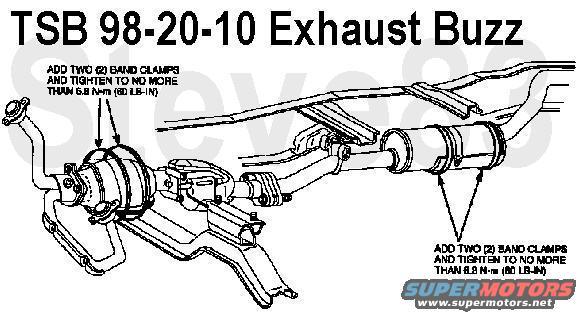 tsb982010exhaustbuzz.jpg TSB 98-20-10 Exhaust &quot;Buzzing&quot; or &quot;Rattling&quot; - Loose Catalyst or Muffler Heat Shields 
Publication Date: SEPTEMBER 29, 1998

FORD:  1993 FESTIVA
1993-94 TEMPO
1993-97 PROBE, THUNDERBIRD
1993-99 CROWN VICTORIA, ESCORT, MUSTANG, TAURUS
1994-97 ASPIRE
1995-99 CONTOUR
LINCOLN-MERCURY:  1993-94 CAPRI, TOPAZ
1993-99 CONTINENTAL, COUGAR, GRAND MARQUIS, SABLE, TOWN CAR, TRACER
1995-99 MYSTIQUE
LIGHT TRUCK:  1993-96 BRONCO
1993-97 F SUPER DUTY, F-350
1993-99 AEROSTAR, ECONOLINE, EXPLORER, F-150, F-250 LD, RANGER
1995-99 WINDSTAR
1997-99 EXPEDITION, MOUNTAINEER, VILLAGER
1998-99 NAVIGATOR
1999 F-250 HD, SUPER DUTY F SERIES

ISSUE: A &quot;buzzing&quot; or &quot;rattling&quot; noise from the exhaust system may be caused by a loose heat shield attachment to the catalytic converter, catalytic pipes, muffler pipes and/or muffler. The noise is noticeable during normal driving conditions or at engine idle.

ACTION: Install worm clamps to secure loose heat shield attachments. Refer to the following Service Procedure for details.

SERVICE PROCEDURE
Inspect for loose shields. If shield(s) is missing, this TSB does not apply. Refer to the appropriate Service or Workshop Manual for repair procedures. 
NOTE:  UNDER NO CIRCUMSTANCES SHOULD A HEAT SHIELD BE REMOVED WITHOUT REPLACEMENT BEFORE THE VEHICLE IS RETURNED TO THE CUSTOMER.
Install worm clamps to the catalytic converter, catalytic pipes, muffler pipes or muffler as shown.
Align the clamps to secure the heat shield to the catalytic converter, catalytic pipes, muffler pipes or muffler as required. 
Tighten the clamps to 6.8 N-m (60 lb-in). 
Trim the excess &quot;ear&quot; of the clamp to approximately 2.54 cm (1&quot;).

PART NUMBER  PART NAME  
FOTZ-5A231-A  Worm Clamp (4-1/2&quot; To 9-1/2&quot;)  
W705949-S300  Worm Clamp (3/4&quot; To 4&quot;)

OTHER APPLICABLE ARTICLES: NONE
SUPERSEDES: 98-06-04
WARRANTY STATUS: Eligible Under Basic Warranty Coverage For 1991 And Prior Models, Bumper To Bumper Warranty Coverage For 1992-99 Models, And Any Applicable Emissions Warranty Coverage
OPERATION  DESCRIPTION  TIME
982010A  Install One (1), Two (2), Or Four (4) Worm Clamps  0.3 Hr.

For other TSBs, check [url=http://www.revbase.com/BBBMotor/]here[/url].