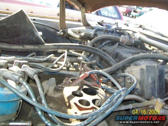 Close-up of a car's engine bay with hoses and wires visible