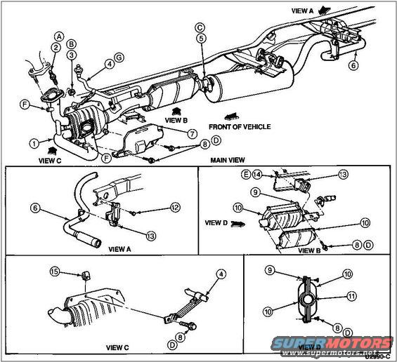 exhaust5.8l96.jpg '96 5.0L & 5.8L F-series Exhaust (except Lightning)
[url=https://www.supermotors.net/registry/media/1097789][img]https://www.supermotors.net/getfile/1097789/thumbnail/exhaustlightning.jpg[/img][/url]
IF THE IMAGE IS TOO SMALL, click it.

Before madly ripping out all the emissions systems on your vehicle, read [url=http://www.fourdoorbronco.com/board/showthread.php?5427-Emissions-Systems]this article[/url].

1  Catalytic Converter Assembly  5F250
2  Stud, Catalytic Converter-to-Exhaust Manifold  391104-S2
3  Nut, Catalytic Converter-to-Exhaust Manifold  375636-S309
4  Air Inlet Tube  9J454 (EXCEPT 5.8L)
5  Clamp  N804034-S (all EXCEPT Bronco)
6  Muffler  5230
7  Catalytic Converter Heat Shield, Front  5E287
8  Bolt, Front Heat Shield  N605905-S103
9  Nut, U-Lock  N800295-S102
10  Catalytic Converter Heat Shield, Rear  5K283
11  Catalytic Converter  5F250
12  Rivet  N647098-S
13  Muffler Assembly Bracket  5A246 (E6TZ-5A246-B)
14  Nut, Support Bracket  N620481-S2
15  Nut, U-Lock  N803714-S102
A - Tighten to 40-50 Nm (30-37 Lb-Ft)
B - Tighten to 34-46 Nm (24-34 Lb-Ft)
C - Tighten to 54-71 Nm (40-52 Lb-Ft)
D - Tighten to 22-28 Nm (16-21 Lb-Ft)
E - Tighten to 17-23 Nm (13-17 Lb-Ft)
F - Upstream HEGO bungs: Left-B2S1; Right-B1S1
G - 5.0L 50 States 5.8L 49 States (No Air Inlet Tube on California 5.8L)

The unidentified object in the main pipe directly below &quot;4G&quot; is the downstream HEGO (B1S2).

Note: It is normal for a certain amount of moisture and staining to be present around the muffler seams. The presence of soot, light surface rust or moisture does not indicate a faulty muffler.

To check for leaks, read this caption:
[url=https://www.supermotors.net/registry/media/998125][img]https://www.supermotors.net/getfile/998125/thumbnail/stethoscope.jpg[/img][/url]

** Exhaust System Alignment **

A misaligned exhaust system is usually indicated by vibration, grounding, rattling or binding of system components. Often the associated noise is hard to distinguish from other chassis noises. Look for broken or loose clamps and brackets. Replace or tighten as necessary. It is important that exhaust clearances and alignment be maintained.

Perform the following procedures to align the system:

1. Loosen the retaining hardware, clamp and the pipe support brackets.
 
2. Align the exhaust system, beginning at the front of the vehicle, to establish maximum clearance.
 
3. Tighten all retainers to specification. Note: Tighten the flange nuts and the exhaust manifold nuts evenly and alternately.

Note: Three way catalytic converters (TWC) (5E212), exhaust inlet pipes (5246), mufflers (5230), brackets, clamps and insulators should be replaced if they are worn or badly corroded. Do not attempt to service these parts.
 
4. Start the engine and check the exhaust system for leaks.

** Service fix for Noise: Loose Catalyst or Muffler Heat Shields **

NOTE: At idle or during normal driving conditions, a buzz or rattle may be detected, which can be traced to the exhaust system. The heat shield attachment to the muffler or catalyst may come free. The loose shield will vibrate off the muffler or catalyst and cause the buzz or rattle.

1. Attach two worm clamps (Part #391218 ) to the catalyst or muffler as shown in the illustration.  NOTE: The catalyst may have two cans. If shields on both cans are loose, four clamps (2 of each) will be required.
 
2. Align the clamp to secure the heat shield to the muffler or catalyst.  NOTE: Torque the clamp to no more than 68 N-m (60 in-lb).
 
3. Trim excess band to approximately 25.4mm (1 inch).