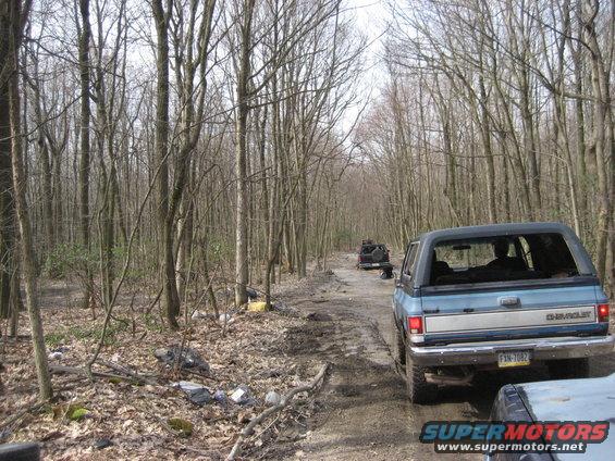 Blue Chevrolet K5 Blazer rear view on dirt road