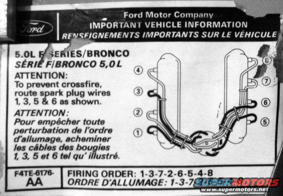 plugwires50l.jpg 5.0L Spark Plug Wire Routing '93-back

[url=https://www.supermotors.net/registry/media/470415][img]https://www.supermotors.net/getfile/470415/thumbnail/sparkwireroute8793_5l.jpg[/img][/url]

Spark plug & coil wires should measure ~7KOhm/foot from the terminal inside the distributor cap to the terminal in the boot that slips over the spark plug.

For '94-up 5.0L & all 5.8L, see this:
[url=https://www.supermotors.net/registry/media/470416][img]https://www.supermotors.net/getfile/470416/thumbnail/sparkwireroute94up_5l.jpg[/img][/url]