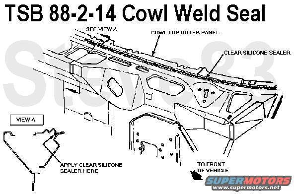 tsb88214cowlweldseal.jpg TSB 88-02-14 Cowl Top Weld Joint Water Leak
Publication Date: JANUARY 20, 1988

LIGHT TRUCK:  1988 F-SERIES, BRONCO

ISSUE: Water entering the passenger compartment of the vehicle while driving in the rain may be caused by inadequate sealing of the cowl top weld joint. The leak cannot be diagnosed using a normal water test with a hose.

ACTION: To correct this, seal the cowl top inner to outer weld joint using the following service procedure.

SERVICE PROCEDURE
1. Loosen hood hinge bolts on hood.
2. Position hood all the way forward and tighten bolts to hold it in position.
3. Remove cowl top grille and tape edges of cowl access opening.
4. Remove bolts from wiper pivot shaft assembly.
5. Reaching through the access hole in the cowl top outer panel, apply a bead of Ford Clear Silicone Sealer, D6AZ-19562-AA, to the cowl top weld joint.
NOTE:  A SMALL MIRROR MAY BE HELPFUL TO SEE THE WELD JOINT.
6. Remove tape from cowl access opening.
7. Install bolts that hold wiper pivot shaft assembly.
8. Reinstall the cowl top grille.
9. Realign hood assembly.

PART NUMBER  PART NAME
D6AZ-19652-AA  Ford Clear Silicone Sealer

OTHER APPLICABLE ARTICLES: NONE
WARRANTY STATUS: Eligible Under Basic Warranty Coverage

OPERATION  DESCRIPTION  TIME  
880214A     2.1 Hrs.

For other TSBs, check [url=http://www.revbase.com/BBBMotor/]here[/url].

[url=http://www.supermotors.net/registry/media/921215][img]http://www.supermotors.net/getfile/921215/thumbnail/97stripped.jpg[/img][/url]