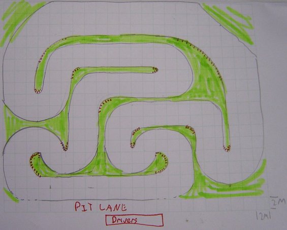 Hand-drawn diagram of a race track with pit lane and drivers area labeled