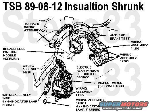 tsb890812insualtionshrunk.jpg TSB 89-08-12 Insulation Shrunk

Publication Date: APRIL 19, 1989

LIGHT TRUCK:  1987 BRONCO, F-150, F-250, F-350

ISSUE: Wire insulation may shrink away from terminals at three connectors of the 14290 wire harness. The 14290 wire harness is located on the left hand fender apron in the engine compartment. Shrinkage is caused by high ambient engine temperatures and grease filled connectors.

ACTION: Check for exposed wire at the terminals and wrap with electrical tape if required. Refer to the following service procedure.

SERVICE PROCEDURE
1. Check the wires where they exit the connectors and see if the insulation is present.
2. If the wires are exposed, remove the wires and terminals from the connector.
3. Wipe off the grease from the terminals.
4. Using air pressure, blow the remaining grease out of the connector.
CAUTION:  DO NOT USE ANY DEGREASING SOLUTION BECAUSE IT COULD DAMAGE THE CONNECTOR.
5. Tightly apply electrical tape on the exposed wires.
6. Reinstall terminals in the connector.

OTHER APPLICABLE ARTICLES: NONE

OPERATION  DESCRIPTION  TIME
890812A  Wrap Wires With Electrical Tape  0.5 Hr.

For other TSBs, check [url=http://www.revbase.com/BBBMotor/]here[/url].

See also:
[url=https://www.fordparts.com/FileUploads/CMSFiles/18376%20Pigtail%20Book%202016.pdf]MotorCraft 2016 Wiring Pigtail Guide[/url]
--------------------------------------------------------------------------------

TSB 98-24-06 New Electrical Terminal Grease Released for Service

Publication Date: NOVEMBER 25, 1998 

FORD:
1981-1999 ESCORT 
1983-1999 CROWN VICTORIA 
1984-1988 EXP 
1984-1994 TEMPO 
1985-1999 TAURUS 
1986-1997 PROBE 
1988-1991 FESTIVA 
1993-1999 MUSTANG 
1994-1997 ASPIRE 
1995-1999 CONTOUR 
1996-1997 THUNDERBIRD

LINCOLN-MERCURY:
1983-1999 CONTINENTAL, GRAND MARQUIS 
1984-1986 CAPRI 
1984-1987 LN7 
1984-1994 TOPAZ 
1985-1999 SABLE 
1988-1992 MARK VII 
1991-1994 CAPRI 
1993-1998 MARK VIII 
1993-1999 TRACER 
1995-1999 MYSTIQUE 
1996-1997 COUGAR, TOWN CAR 
1999 COUGAR

MERKUR:
1985-1988 XR4TI 
1988 SCORPIO

LIGHT TRUCK:
1981-1996 BRONCO 
1981-1997 F SUPER DUTY, F-250 HD, F-350 
1981-1999 ECONOLINE, F-150, F-250 LD 
1983-1999 RANGER 
1984-1990 BRONCO II 
1984-1997 AEROSTAR 
1991-1999 EXPLORER 
1993-1999 VILLAGER 
1995-1999 WINDSTAR 
1997-1999 EXPEDITION, MOUNTAINEER 
1998-1999 NAVIGATOR 
1999 SUPER DUTY F SERIES

MEDIUM/HEAVY TRUCK:
1984-1999 F & B SERIES 
1988-1997 CARGO SERIES 
1996-1998 AEROMAX, LOUISVILLE

ISSUE: Ford Motor Company has released a new [url=http://www.fcsdchemicalsandlubricants.com/supplier/product.asp?product=Electrical%20Grease&category=Greases]Electrical Grease (F8AZ-19G208-AA)[/url] to reduce the possibility of moisture corrosion at the terminals.

[url=http://www.fcsdchemicalsandlubricants.com/supplier/product.asp?product=Electrical%20Grease&category=Greases][img]http://www.fcsdchemicalsandlubricants.com/supplier/images/Products/elecgrea.jpg[/img][/url]

ACTION: Add the new grease during electrical connection repair. 

CAUTION: ELECTRICAL CONNECTOR GREASE SHOULD NOT BE USED IN HIGH VOLTAGE CONNECTIONS FOR SPARK PLUG AND COIL WIRE APPLICATIONS. 

PROPER USES OF THE NEW ELECTRICAL GREASE INCLUDE:
Electrical Connectors 
Battery Connections 
Light Sockets 
Starter Terminals

DO NOT USE ON:
Spark Plug Wires 
Coil Wires 
Spark Plug-to-Coil Connections 
Low Current Flow Switches (12V Systems less than 0.1 amp)