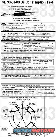 tsb900109oillosstest.jpg TSB 89-09-10 Normal Oil Consumption 
Publication Date: MAY 3, 1989 

FORD: 1986-89 ALL FORD LINES 
LINCOLN-MERCURY: 1986-89 ALL LINCOLN-MERCURY LINES 
MERKUR: 1986-89 ALL MERKUR LINES 
LIGHT TRUCK: 1986-89 ALL LIGHT TRUCK LINES 

ISSUE: The following information can be used to inform vehicle owners about &quot;normal&quot; oil consumption in today's engines. 

ACTION: Use the following information to assist in explaining &quot;normal&quot; oil consumption to vehicle owners. 

The amount of oil an engine uses will vary with the way the vehicle is driven in addition to normal engine-to-engine variation. This is especially true during the first 7500 miles (12000 kilometers), when a new engine is being &quot;broken-in&quot; or until certain internal engine components become conditioned. Vehicles used in heavy duty operation (severe service) may use more oil. The following are examples of heavy duty operation: 
* Trailer towing applications 
* Taxi cab applications 
* Police service applications 
* Severe loading applications 
* Sustained high speed operation 

Engines need oil to lubricate the following internal components: 
* Engine block cylinder walls 
* Pistons and piston rings 
* Intake and exhaust valve stems 
* Intake and exhaust valve guides 
* All internal engine components 

When the pistons move downward, a thin film of oil is left on the cylinder walls. The thin film of oil is burned away on the firing stroke during combustion. If an engine burned a drop of oil during each firing stroke, oil consumption would be about one (1) quart for every mile traveled. Fortunately modern engines use much less oil than this example. However, even efficient engines will use some oil or they would quickly wear out. Additionally as the vehicle is operated, some oil is drawn into the combustion chambers past the intake and exhaust valve stem seals and burned. 

A lot of different things can affect oil consumption rates. The following is a partial list of these items: 
* Engine size 
* Operator driving habits 
* Ambient temperature 
* Quality and viscosity of the oil 

Operation under varying conditions can be frequently misleading. A vehicle that has been run for several thousand miles (kilometers) of short trip operation or below freezing ambient temperatures, may have consumed a &quot;normal&quot; amount of oil. However, when checking the engine oil level, it may measure up to the full mark on the dipstick due to dilution (condensation and fuel) in the engine crankcase. The vehicle then might be driven at high speeds on the highway where the condensation and fuel boil off. The next time the engine oil is checked, it may appear that a quart of oil was used in a hundred or so miles. This perceived 100-mile per quart (160-kilometer per quart) oil consumption rate causes customer concern even though the actual overall all oil consumption rate was about 1500-miles per quart (2400-kilometers per quart). 

Make sure the selected engine oil meets the recommended API performance category &quot;SG&quot; and SAE viscosity grade as shown in the vehicle Owner Guide. It is also important that the engine oil is changed at the intervals specified for the typical operating conditions of the customer. This information is available in the Owner Guide, Maintenance Schedule and Record log. 

OTHER APPLICABLE ARTICLES: NONE 
SUPERSEDES: 86-11-16 
WARRANTY STATUS: INFORMATION ONLY 

For other TSBs, check [url=http://www.revbase.com/BBBMotor/]here[/url].
____________________________________________________
SSM# 19462 OASIS MESSAGE :
SOME 1997-2007 E150/F150, 1997-2007 CROWN VIC./GRAND MARQUIS/TOWN CAR, 1997-2004 MUSTANG GT, 1997-1998 T-BIRD/COUGAR AND 2002-2005 EXPLORER/MOUNTAINEER WITH 4.6L 2V ENGINE MAY EXPERIENCE AN ENGINE TICKING OR RATTLE NOISE THAT SOUNDS LIKE A STUCK TAPPET (HLA). THIS MAY BE DUE TO THE DETERIORATION OF AN AFTERMARKET OIL FILTER. VEHICLES WITH THIS CONDITION HAVE LOW OIL PRESSURE AT ONE CYLINDER HEAD ONLY, WHILE MAIN PRESSURES ARE NORMAL. DISLODGED MATERIAL FROM THE AFTERMARKET OIL FILTER BLOCKS THE CAM CAP OIL PASSAGE, EITHER AT CYLINDER #4 (RIGHT BANK REAR) OR CYLINDER #5 (LEFT BANK FRONT). FORD RECOMMENDS THE USE OF FORD APPROVED FILTERS ONLY. DAMAGE TO ENGINES CAUSED BY AFTERMARKET OIL FILTERS ARE NOT COVERED UNDER WARRANTY.
---------------------------------------------------------------------------

TSB 90-01-09 Oil Consumption Test

Publication Date: JANUARY 4, 1990

FORD:  1987-88 THUNDERBIRD
1987-90 CROWN VICTORIA, MUSTANG
LINCOLN-MERCURY:  1987 CONTINENTAL
1987-88 COUGAR
1987-90 GRAND MARQUIS, MARK VII, TOWN CAR
LIGHT TRUCK:  1987-90 BRONCO, E-150, E-250, F-150, F-250

ISSUE: Excessive oil consumption on 5.0L EFI engines may be caused by one or more of the following:
* Oil leaks from gaskets
* Poor sealing of the lower intake manifold
* Intake and exhaust valve stem seals
* Piston rings

ACTION: Perform an inspection and oil consumption test as described in the following service procedure to determine if an excessive oil consumption condition exists. If an excessive oil consumption condition is present, install new guide mounted valve stem seals for a more positive fit and new piston rings with improved oil control. Refer to the following procedure for service installation details.

EXTERNAL OIL LEAK INSPECTION PROCEDURE 
NOTE:  CHECK ALL GASKETS AND SEALS FOR OIL LEAKAGE.
1. Place the vehicle in a stall that has a hoist. Make sure the floor under the vehicle is clean and free of oil.
2. Inspect the engine for signs of oil leakage.
3. Clean any areas where oil looks like it may be leaking.
4. Run the engine for five (5) minutes at varying engine RPM.
NOTE:  DO NOT EXCEED 2500 RPM.
5. Turn the engine off and re-inspect the engine for signs of oil leaks.
6. If an external oil leak is found, repair as required and repeat Steps 4 and 5. If no external oil leak is found, proceed to Step 7.
7. Torque the lower intake manifold using the following two (2) step procedure before proceeding to the &quot;CUSTOMER OIL CONSUMPTION TEST.&quot;
a. Torque the lower intake manifold bolts in sequence to 15-20 lb-ft (20-27 N-m).
b. Once again, torque the lower intake manifold bolts in sequence to 23-25 lb-ft (32-34 N-m).

CUSTOMER OIL CONSUMPTION TEST 
NOTE:  SEE THE WARRANTY AND POLICY MANUAL FOR APPLICABLE CHARGES.
1. Drain the engine oil and remove the oil filter.
2. Install a new FL1-A oil filter.
3. Install five (5) quarts of Ford XO-10W30-QP engine oil in passenger cars and six (6) quarts in light truck applications. An equivalent oil can be used as long as it meets Ford specification ESE-M2C153-E and API SG.
4. Make sure the vehicle has the correct dipstick. Check the engineering part number stamped on the dip stick against the information provided in the dip stick application chart that follows.
DIP STICK APPLICATION CHART  
APPLICATION  MODEL YEAR - ENGINEERING PART NUMBER - SERVICE PART NUMBER  
Mustang  1987-90 - E7SE-6750-BA - E8SZ-6750-A
Thunderbird, Cougar  1987-88 - E7SE-6750-BA - E8SZ-6750-A
Continental  1987 - E7SE-6750-BA - E8SZ-6750-A
Mark VII  1987-90 - E7SE-6750-BA - E8SZ-6750-A
Crown Victoria, Grand Marquis, Town Car  1987-90 - E8AE-6750-BA - E8AZ-6750-C
F-150, F-250, Bronco  1987-5/15/89 - E7TE-6750-HA - E8TZ-6750-F
F-150, F-250, Bronco  5/16/89-90 - E9TE-6750-CA - E9TZ-6750-E
Econoline  1987-5/15/89 - E7UE-6750-CA - E7UZ-6750-D
Econoline  5/16/89-90 - E9UE-6750-BA - FOUZ-6750-D
5. Run the engine for two (2) minutes then turn the engine off.
6. Let the oil drain back into the oil pan for at least three (3) minutes before going to Step 7.
7. With the engine off and the vehicle parked on level ground, remove the engine oil dip stick and wipe it clean. Fully re-install the dip stick, then remove it again.
8. See where the oil level is on the graphic, stamped on the dip stick. The oil level should be between the top of the cross hatch area and the &quot;F&quot; in &quot;FULL&quot;.
9. Using a file, scribe a notch on the edge of the dip stick where the actual oil level is at.
NOTE:  THE SCRIBE MARK ON THE DIP STICK IS THE ACTUAL OIL LEVEL FULL MARK. USE THE SCRIBE MARK AS THE INDICATOR FOR ALL FUTURE OIL READINGS THAT ARE TAKEN.
10. Record the mileage on the vehicle.
11. When the vehicle is returned to the customer, show them where the dip stick is located and how to read it. Make sure you point out that the scribed notch on the dip stick is the &quot;True Full Mark&quot;. Also point out the following to the customer:
* Your vehicle is now part of an engine oil consumption test.
* The vehicle has new engine oil and a new oil filter. 
* Your vehicle's mileage has been recorded.
* You are to check the engine oil level every time you stop for fuel.
* If the engine oil level indicated on the dip stick is in the &quot;ADD ONE QUART&quot; range, contact the dealership to return for a re-inspection.
* NOTE:  DO NOT ADD ENGINE OIL. THIS NEEDS TO BE DONE BY THE DEALERSHIP TO ESTABLISH THE CORRECT CONSUMPTION RATE.
12. When the customer returns for the re-inspection, make sure the engine oil level is in the &quot;ADD ONE QUART&quot; area on the dip stick.
13. Check and record the vehicle's mileage at this time. This will be needed to calculate the oil consumption rate later.
14. Add and record the amount of oil it takes to restore the engine oil level on the dip stick to the &quot;True Full Mark&quot; scribed during Step 9.
15. Calculate the oil consumption rate as shown in the following example:
* Starting Odometer Reading recorded in Step 10 at start of test = 22,100
* Ending Odometer Reading recorded in Step 13 at end of test = 22,800
* Accumulated mileage = 700 miles
* Oil added = 1 quart
Once you have the accumulated mileage and the oil added, use the following formula to calculate the actual oil consumption:
* Calculated oil consumption = Accumulated miles(divide by) oil added (in quarts)
* 700 miles per quart = 1 quart
NOTE:  RECORD THE OIL CONSUMPTION TEST INFORMATION ON A DEALER SERVICE REPORT . OBTAIN A COPY OF THE DEALER SERVICE REPORT (NO. 363-100D REVISED 1-90) FROM THE ORIGINAL TECHNICAL SERVICE BULLETIN. (IT IS LOCATED IN THE BACK OF BULLETIN 90-01, BEHIND THE SERVICE INFORMATION PAGE.) AFTER YOU HAVE COMPLETED THIS FORM, MAIL IT TO FORD MOTOR COMPANY. A SAMPLE DEALER SERVICE REPORT INDICATING THE REQUIRED INFORMATION IS SHOWN IN FIGURE 3.
16. If the vehicle did not use one (1) quart or less of engine oil within 900 miles, an oil consumption concern is not present. Remind the customer at the time of vehicle return to use the recommended 10W30 API SG engine oil. No further action is required at this point.
17. If the engine oil consumption test indicates that the vehicle used one (1) quart or more of engine oil in less than 900 miles, proceed to the &quot;PISTON RING & VALVE SEAL REPLACEMENT PROCEDURE&quot;. 

PISTON RING & VALVE SEAL REPLACEMENT PROCEDURE.
WARNING:  THE ENGINE MUST BE REMOVED FROM THE VEHICLE TO PERFORM THE FOLLOWING PROCEDURE. IT IS IMPORATANT THAT THE ENGINE IS FREE OF EXTERNAL OIL LEAKS WHEN RE-ASSEMBLED.
1. Remove the engine from the vehicle.
2. Place the engine on an engine stand.
3. Remove the upper and lower intake manifolds. Refer to the appropriate model year Shop Manual, Section 21-21 for service details.
4. Remove the right hand and left hand cylinder head. Refer to the appropriate model year Shop Manual, Section 21-21 for service details.
5. Remove the oil pan and oil pump. Refer to the appropriate model year Shop Manual, Section 21-21 for service details.
6. Remove any ridge and/or deposits from the upper end of the cylinder bore with Cylinder Ridge Reamer T64L-6011-EA or equivalent. Follow the instructions furnished by tool manufacture. Never cut into the ridge travel area in excess of 0.74mm (1/32&quot;) when removing ridges.
WARNING:  DO NOT BREAK THE GLAZE OR HONE THE CYLINDER BORES. THIS WILL DISTURB THE PRODUCTION BORE FINISH AND COULD CAUSE A MORE SEVERE OIL CONSUMPTION CONCERN.
7. Make sure all the connecting rods are marked so they can be re-installed in their original positions.
8. Remove the piston and rod assemblies from the engine.
9. Remove the existing piston rings and throw them away.
10. Install new piston ring sets on each piston. Make sure the ring gaps are properly spaced.
11. Remove the intake and exhaust valve stem seals.
12. Inspect the valve stems to make sure that they are free of nicks and burrs. Repair as required.
13. Install new guide mounted intake and exhaust valve stem seals.
NOTE:  ON PASSENGER CAR ENGINES, THROW AWAY THE NYLON DISC ON THE VALVE STEMS. THE NYLON DISC WAS USED AS AN AID DURING INITIAL ASSEMBLY AND HAS NO OTHER USEFUL FUNCTION.

1987-90 GASKET/SEAL APPLICATION CHART  
GASKET SEAL - CAR 5.0L BASE - CAR 5.0L H.O. - LIGHT TRUCK 5.0L  
Oil Pan - E9AZ-6710-A - E9AZ-6710-A - E9AZ-6710-A
Cylinder Head - E6ZZ-6051-A - E6ZZ-6051-A - E5AZ-6051-A
Intake Manifold - E6SZ-9H486-C - E6SZ-9H486-C - E5TZ-9H486-C            
Seals, Intake Manifold - D9AZ-9433-B - D9AZ-9433-B - D9AZ-9433-B           
Rocker Arm Cover - E7ZZ-6584-C - E7ZZ-6584-C - E7ZZ-6584-C

14. Re-install the piston and rod assemblies in the engine in their original locations.
15. Re-install the oil pan and oil pump. Refer to the appropriate model year Shop Manual, Section 21-21 for service details.
16. Re-install the right hand and left hand cylinder head. Refer to the appropriate model year Shop Manual, Section 21-21 for service details.
17. Re-install the upper and lower intake manifolds. Refer to the appropriate model year Shop Manual, Section 21-21 for service details.
18. Re-install the engine in the vehicle.

PART NUMBER  PART NAME
E8SZ-6750-A  Dip Stick
E8AZ-6750-C  Dip Stick
E8TZ-6750-F  Dip Stick
E7UZ-6750-D  Dip Stick
E9TZ-6750-E  Dip Stick
FOUZ-6750-D  Dip Stick
FOTZ-6148-A  Piston Ring Set - 8 Required
E8AZ-6571-A  Intake Valve Seal - Pkg. of 4
E5ZZ-6571-A  Exhaust Valve Seal - Pkg. of 4
E9AZ-6710-A  Oil Pan Gasket
E6ZZ-6051-A  Cylinder Head Gasket
E5AZ-6051-A  Cylinder Head Gasket
E6SZ-9H486-C  Intake Manifold Gasket
E5TZ-9H486-A  Intake Manifold Gasket
D9AZ-9433-B  Seals - Intake Manifold
E7ZZ-6584-C  Rocker Arm Gasket

OTHER APPLICABLE ARTICLES: NONE
WARRANTY STATUS: Eligible Under Basic Warranty Coverage, Powertrain Warranty Coverage

OPERATION  DESCRIPTION  TIME
900109A  Perform External Inspection  0.7 Hr.
900109B  Perform Oil Consumption Test  0.4 Hr.
900109C  Install Valve Seals & Piston Rings - All Cars Except Thunderbird, Cougar  18.6 Hrs.
900109C  Install Valve Seals & Piston Rings - Bronco, F Series  18.9 Hrs.
900109C  Install Valve Seals & Piston Rings - Econoline  21.3 Hrs.
900109C  Install Valve Seals & Piston Rings - Thunderbird, Cougar  17.5 Hrs.
____________________________________________________
TSB 01-24-6 ENGINE - ENGINE OIL SYSTEM PRIMING PROCEDURES - SERVICE TIPS
12/10/01

FORD:1995-1997 PROBE, THUNDERBIRD
1995-2000 CONTOUR
1995-2002 CROWN VICTORIA, ESCORT, MUSTANG, TAURUS
2000-2002 FOCUS
2002 THUNDERBIRD
1995-1996 BRONCO
1995-1997 AEROSTAR, F-250, F-350
1995-2002 E SERIES, EXPLORER, F-150, RANGER, WINDSTAR
1997-2002 EXPEDITION
1999-2002 SUPER DUTY F SERIES
2000-2002 EXCURSION
2001-2002 ESCAPE, EXPLORER SPORT TRAC, EXPLORER SPORT
LINCOLN:1995-1998 MARK VIII
1995-2002 CONTINENTAL, TOWN CAR
2000-2002 LS
1998-2002 NAVIGATOR
2002 BLACKWOOD
MERCURY:1995-1997 COUGAR
1995-1999 TRACER
1995-2000 MYSTIQUE
1995-2002 GRAND MARQUIS, SABLE
1999-2002 COUGAR1995-2002 VILLAGER
1997-2002 MOUNTAINEER

ISSUE: Reports of premature engine failure suggest some overhauled, new and/or remanufactured engine oil Systems are not correctly primed prior to initial engine start-up, after being installed in the vehicle. This may cause oil starvation during initial engine start-up.ACTIONPrior to starting a new, overhauled or remanufactured engine, the oil pump and oil system should be primed to eliminate the possibility of oil starvation at start-up. Refer to the following Service Information for details.

SERVICE INFORMATION: Regardless of engine design, it is extremely important that the engine oil pump is correctly primed, prior to initial engine start-up.

Overhead Cam Engines (OHC): Overhead cam engines use a G-rotor pump design and is driven by the crankshaft. If the engine is overhauled, the oil pump (prior to assembly) should be fed oil through the oil pick-up passage, prior to installing the pick-up tube and screen assembly. This can usually be accomplished by rotating the oil pump while oil is being fed into the oil pump inlet. Once the oil pump is primed, the oil pump can then be installed onto the engine.Remanufactured engines are usually cold tested before leaving the plant. As a result, the oil pump should not have to be removed from the engine and primed.  Overhead cam engines, whether overhauled or remanufactured, prior to starting the engine, ensure the engine crankcase is filled to specification with engine oil. Disable the fuel supply to the fuel injectors (disable inertia fuel shut-off switch) and crank the engine in fifteen (15) second increments, until the oil pump is primed. An oil pressure gauge can be used to assist in determining when oil pressure is obtained.  NOTE:  ENSURE THE INERTIA FUEL SHUT-OFF SWITCH IS RE-ENABLED PRIOR TO ATTEMPTING TO START ENGINE.

Overhead Valve Engines (OHV): Overhead valve engines (push-rod type) use an oil pump driven by the camshaft via an intermediate shaft connected to the distributor or camshaft synchronizer assembly.Whether the engine is overhauled or remanufactured, the oil pump should be primed prior to starting the engine. If the engine is overhauled, ensure the crankcase is filled to specification with engine oil and using an engine oil pump priming tool kit, (commercially available) rotate oil pump until it is primed. An oil pressure gauge can be used to assist in determining when oil pressure is obtained.If a remanufactured engine is being installed, after the installation has been completed, ensure the crankcase is filled to specification with engine oil. Disable the fuel supply to the fuel injectors (disable inertia fuel shut-off switch) and crank the engine in (15) second increments, until the oil pump is primed. An oil pressure gauge can be used to assist in determining when oil pressure is obtained.  NOTE   ENSURE THE INERTIA FUEL SHUT-OFF SWITCH IS RE-ENABLED PRIOR TO ATTEMPTING TO START ENGINE.

OTHER APPLICABLE ARTICLES: NONE
WARRANTY STATUS: INFORMATION ONLY
OASIS CODES: 401000, 497000, 499000

[url=http://www.supermotors.net/registry/media/258880][img]http://www.supermotors.net/getfile/258880/thumbnail/oil-temp-range.jpg[/img][/url] . [url=http://www.supermotors.net/registry/media/248051][img]http://www.supermotors.net/getfile/248051/thumbnail/compression-pressures.jpg[/img][/url]