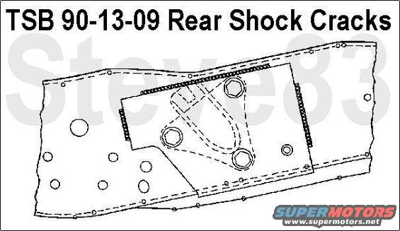 tsb901309rearshockcracks.jpg TSB 90-13-09 Rear Shock Cracks
(IF THE IMAGE IS TOO SMALL, click it.)
Publication Date: June 20, 1990

LIGHT TRUCK:  1987-90 F-150, F-250, F-350

ISSUE: The frame side rails may crack at the rear gas shock bracket rivet locations. The cracking appears on trucks that are continuously operated off-road.

ACTION: Install a frame reinforcement kit. Refer to the following procedure for service details.

SERVICE PROCEDURE
1. Remove the rear wheels and inspect the rear shock bracket areas for cracks or damage.
2. Disconnect the shock absorber from the upper and lower mounting points.
a. Check the frame to determine if a weld repair is adequate for the amount of damage sustained. (See Weld Repair Guide - Step #6a, for information).
b. Remove any fuel and brake lines in damaged area.
3. Remove the three (3) rivets holding the shock absorber bracket to the side rail.
a. Drill a 1/8&quot; (3.175 mm) hole through the rivet.
b. Re-drill the same hole location with an 11/32&quot; (8.731 mm) drill through shank.
c. Use an air-chisel to remove the head.
d. Drive out the rivet with a punch.
4. Clean the affected area with a wire brush.
5. Position the frame into its original location. Tack weld the frame rail to assist in holding its position.
6. Weld Repair Guide:
a. Locate the crack and clean the surface.
CAUTION:  A CRACK WHICH HAS TRAVELED PAST THE MIDPOINT OF THE SIDERAIL BEND RADIUS SHOULD NOT BE WELDED. A NEW FRAME ASSEMBLY IS REQUIRED IN THIS CASE.
b. Drill a 3/16&quot; (4.763 mm) hole at the end of the crack into the siderail.
c. Grind out a groove, top and bottom, 25% of the metal thickness deep along the crack.
d. Run a continuous weld along the groove.
* Direct the weld away from the hole.
* Weld both sides.
* Fill the end of the crack hole.
e. Grind all weld deposits flush with the siderail metal.
7. Place the reinforcement plate over the outside of the siderail.
8. Drill out the bolt holes from the inside out.
a. Use the shock bracket holes in the frame rail as a guide.
b. Line drill through the rail and plate with a 12 mm bit.
c. Drill the shock absorber bracket mounting holes to 12 mm.
9. Install the shock absorber bracket by using 12 mm fasteners and nuts.
a. Place the head to the outside, the nut to the inside of the rail.
b. Tighten the bolt to a torque of 88 lb.ft. (120 N-m).
10. Weld the reinforcement plate to the frame rail.
11. Paint repaired area after cooling.
12. Re-install the shock absorber.
13. Install the wheel and remove the truck from supports.

PART NUMBER  PART NAME
E7TZ-5L005-A  Frame Reinforcement Kit

OTHER APPLICABLE ARTICLES: NONE
WARRANTY STATUS: Eligible Under Basic Warranty Coverage

OPERATION  DESCRIPTION  TIME
901309     M Time

For other TSBs, check [url=http://www.revbase.com/BBBMotor/]here[/url].

See also:
[url=https://www.supermotors.net/registry/media/260055][img]https://www.supermotors.net/getfile/260055/thumbnail/rivetreplacement.jpg[/img][/url] . [url=https://www.supermotors.net/registry/media/895898][img]https://www.supermotors.net/getfile/895898/thumbnail/frameb8081.jpg[/img][/url] . [url=https://www.supermotors.net/registry/media/470473][img]https://www.supermotors.net/getfile/470473/thumbnail/tsb970628motoringtorque.jpg[/img][/url] . [url=https://www.supermotors.net/registry/media/520094][img]https://www.supermotors.net/getfile/520094/thumbnail/steeringcrack.jpg[/img][/url] . [url=https://www.supermotors.net/registry/2742/54113-4][img]https://www.supermotors.net/getfile/467404/thumbnail/tsb970310fig7.jpg[/img][/url]
