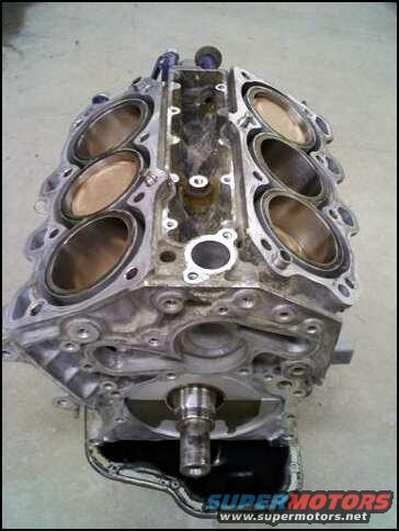 Engine block with cylinders visible, showing a crankshaft protruding from the bottom. Text "SUPER MOTORS" is visible