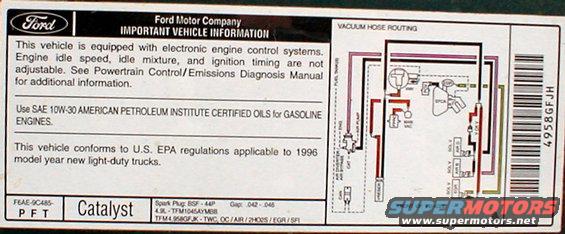 vacuum-96-49.jpg Vacuum Routing '96 4.9L

[url=https://www.supermotors.net/registry/media/894687][img]https://www.supermotors.net/getfile/894687/thumbnail/vaclinesefi.jpg[/img][/url]

For the label specific to YOUR vehicle, click [url=http://www.motorcraftservice.com/vdirs/retail/default.asp?pageid=&gutsid=]this link[/url], then click &quot;Quick Guides&quot; in the sidebar, then click &quot;VECI Labels&quot; and find the calibration code on the sticker on your EEC.  On '87-91 F-series & Broncos, it's in the driver's kick panel.  '92-96 is in the same place, but it's not visible without removing the EEC into the engine compartment.  Some '92-96 trucks also have the calibration code on a sticker in the door jamb, but it's hit-or-miss; I haven't found any pattern.

[url=https://www.supermotors.net/registry/media/901662][img]https://www.supermotors.net/getfile/901662/thumbnail/eec93calcodes.jpg[/img][/url] . [url=https://www.supermotors.net/registry/media/858380][img]https://www.supermotors.net/getfile/858380/thumbnail/veci.jpg[/img][/url]