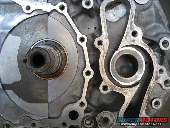 Close-up of engine block with rotating shaft and gasket