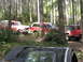 1979 Ford Bronco - Several off-road vehicles, including a red 1979 Ford Bronco, navigate a wooded trail.