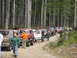 1979 Ford Bronco - A group of off-road vehicles are parked on a dirt road surrounded by tall trees.