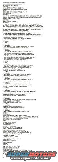 Preliminary inspection report document with itemized repair costs for a 2002 Dodge Durango Sport