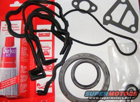 Engine gasket set with Dirko HT sealant tube. Includes various rubber and metal gaskets