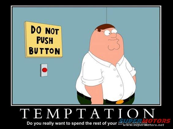 Peter Griffin stands near a sign that says 'DO NOT PUSH BUTTON' and a red button