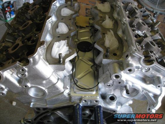 Engine block with intake manifold removed, showing internal passages and some white stuffing. Supermotors.net logo visible
