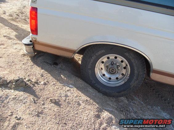 White and brown Ford Bronco rear wheel and quarter panel, off-road tire, dirt terrain
