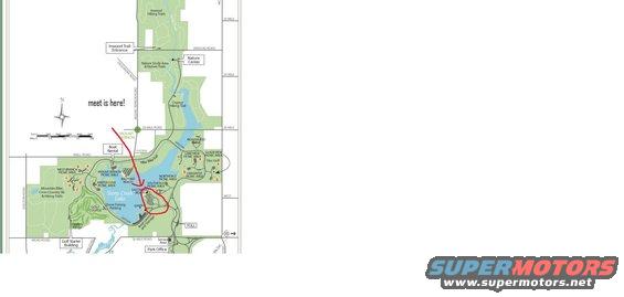 Map of a park with a lake, trails, and points of interest. A red arrow points to a location on the lake labeled 'meet is here!'