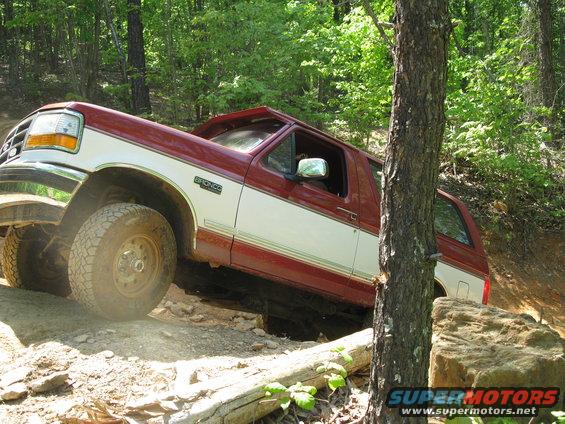 Red and white Ford Bronco on a rocky, wooded trail
