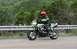 1981 Kawasaki Bayou - A motorcycle rider travels down a road with trees and a guardrail in the background.