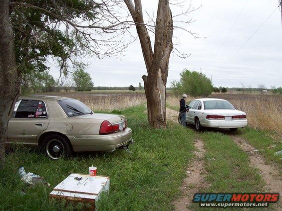 Gold sedan parked under a tree, white sedan on dirt road