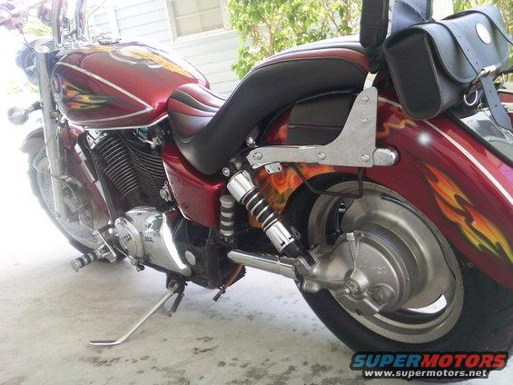 Motorcycle rear section with custom flame paint and saddlebag mount